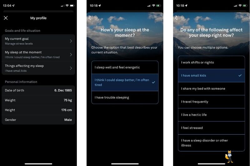 Screenshots of the set-up process of the Oura App on the smartphone are shown